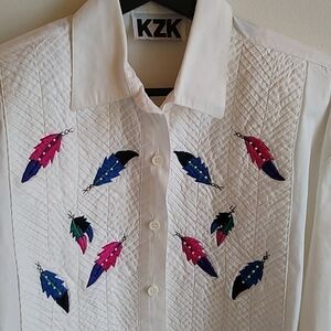 Western Button Down Shirt Embroidered Feathers Southwest Cowgirl Rodeo M